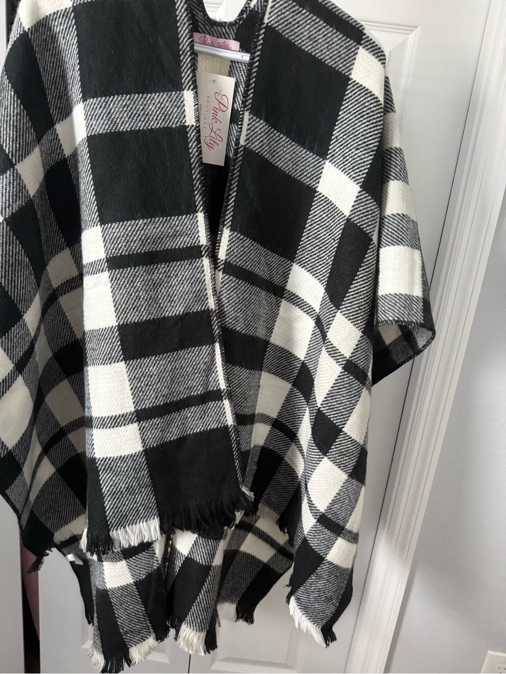Pink Lily Black and White Plaid Cape Wrap